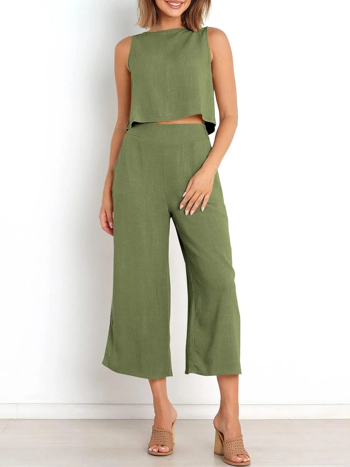 ANRABESS Women's Summer 2 Piece Outfits Sleeveless Crop Top Capri Wide Leg Pants Jumpsuit Linen Lounge Beach Travel Sets