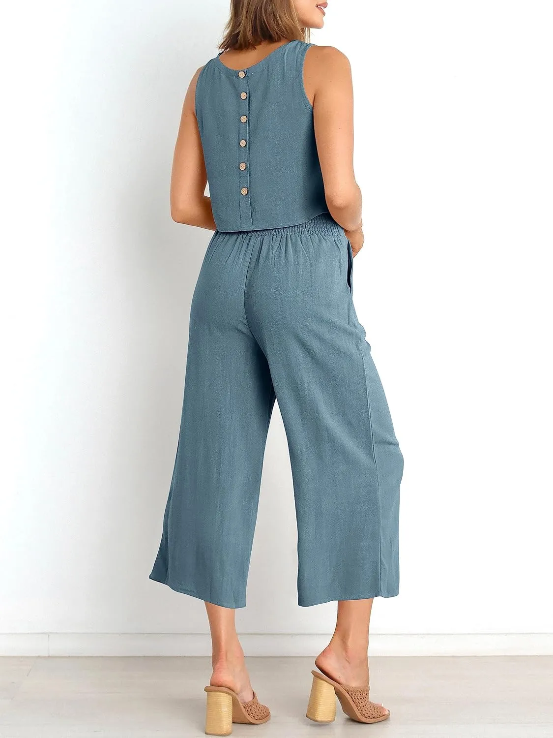 ANRABESS Women's Summer 2 Piece Outfits Sleeveless Crop Top Capri Wide Leg Pants Jumpsuit Linen Lounge Beach Travel Sets