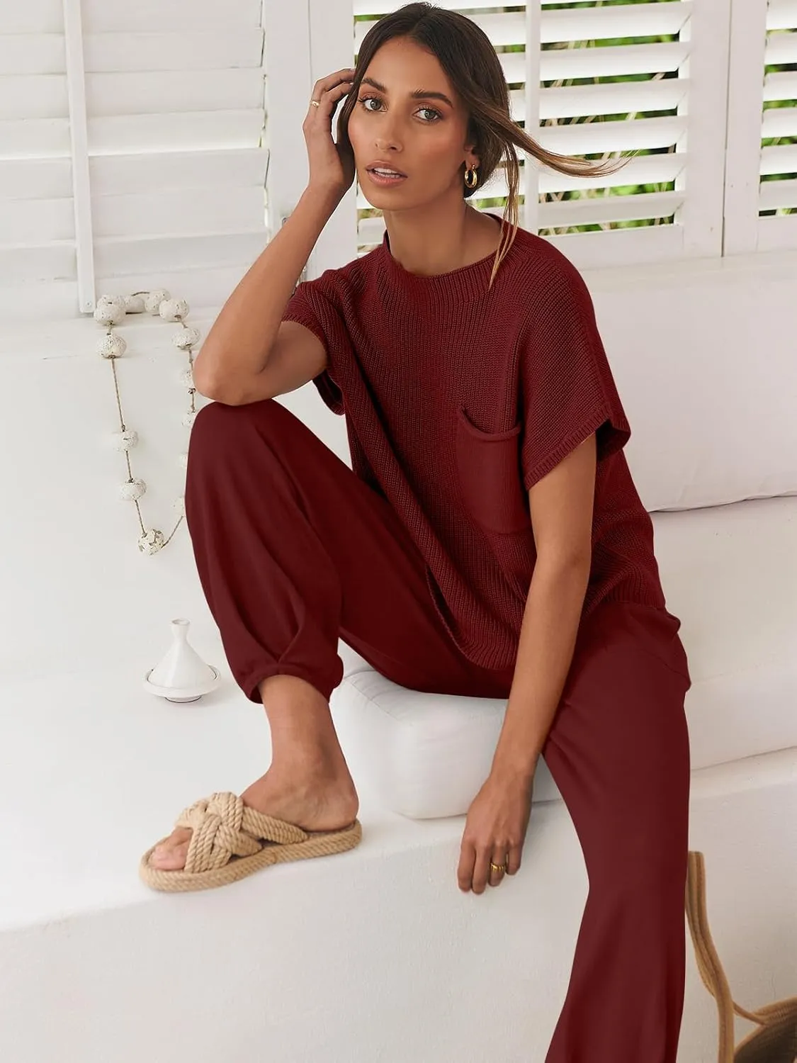 ANRABESS Women's Two Piece Outfits Knit Sweater Vest Crop Top Pants Lounge Matching Tracksuit Sweatsuit Travel Clothes Sets