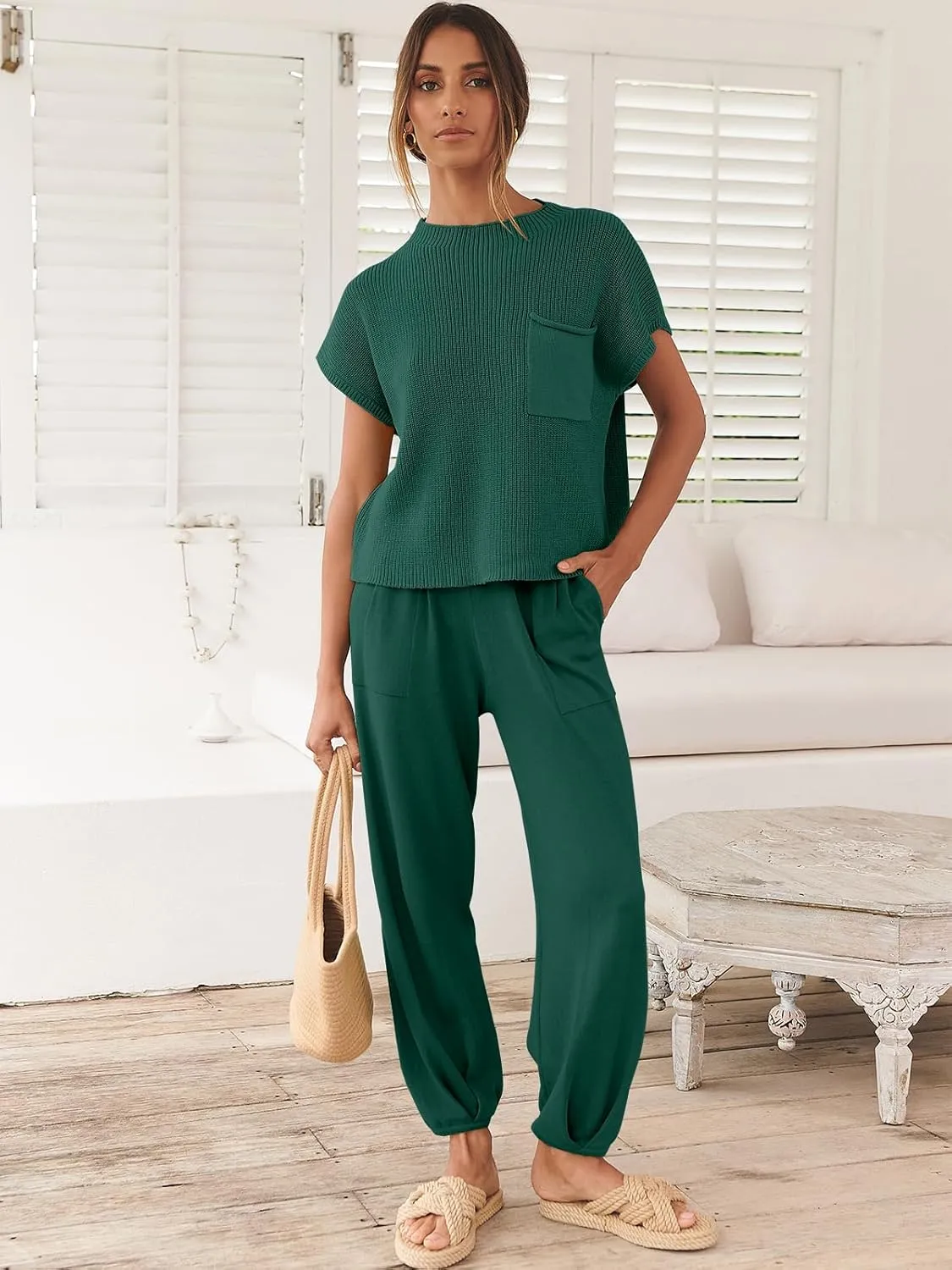 ANRABESS Women's Two Piece Outfits Knit Sweater Vest Crop Top Pants Lounge Matching Tracksuit Sweatsuit Travel Clothes Sets