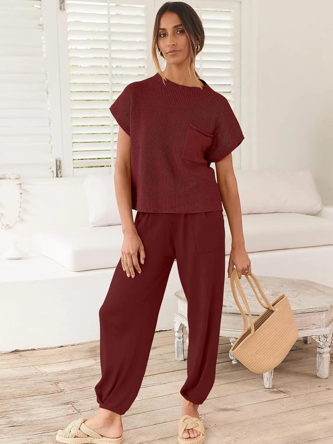 ANRABESS Women's Two Piece Outfits Knit Sweater Vest Crop Top Pants Lounge Matching Tracksuit Sweatsuit Travel Clothes Sets