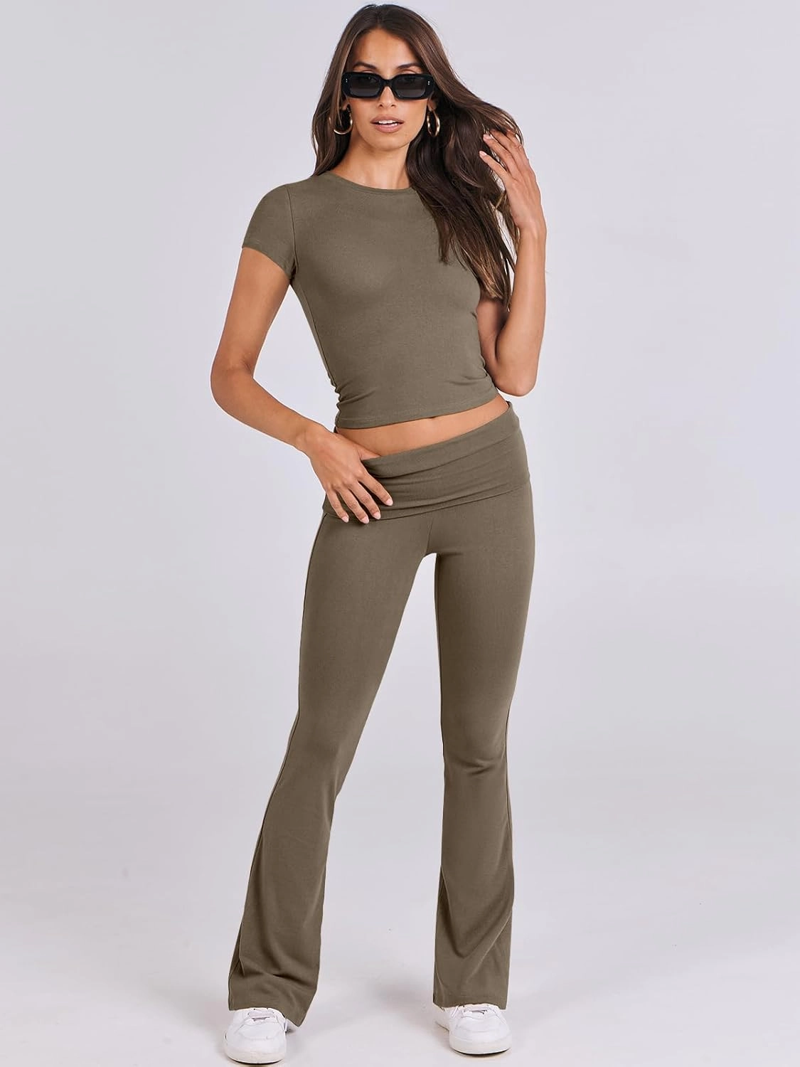 ANRABESS Lounge Sets for Women 2 Piece Foldover Yoga Flare Leggings Pants Crop Tops Casual Y2K Outfits Matching Tracksuit Set