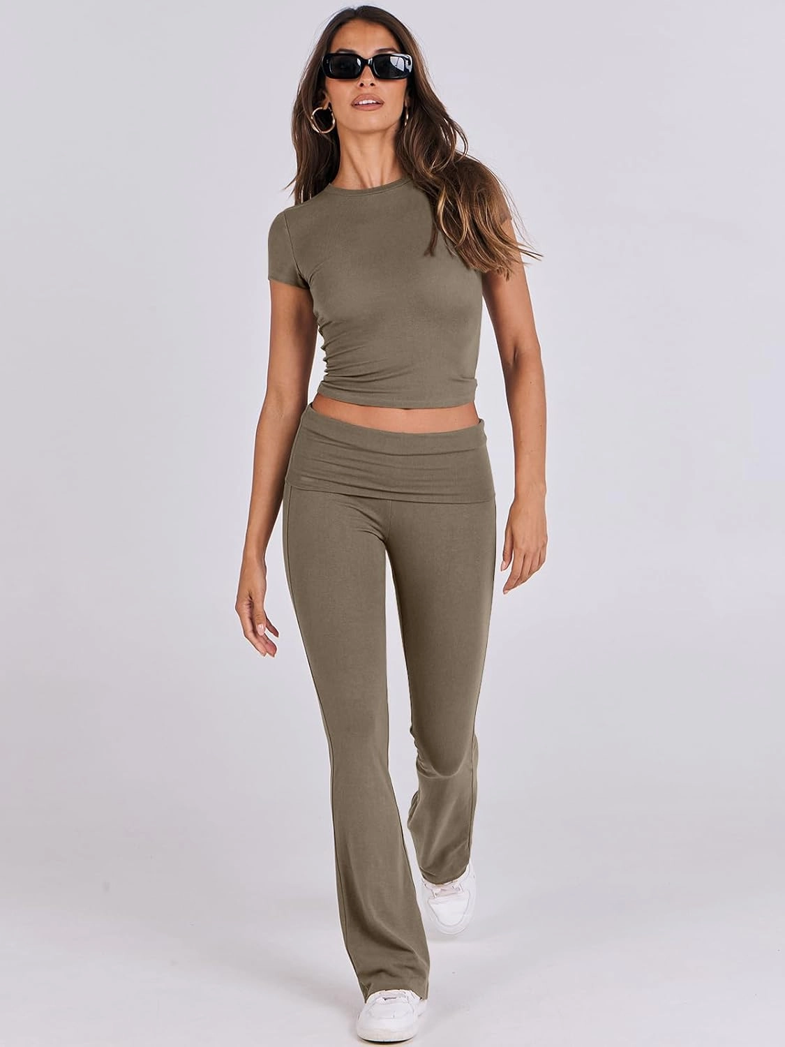 ANRABESS Lounge Sets for Women 2 Piece Foldover Yoga Flare Leggings Pants Crop Tops Casual Y2K Outfits Matching Tracksuit Set