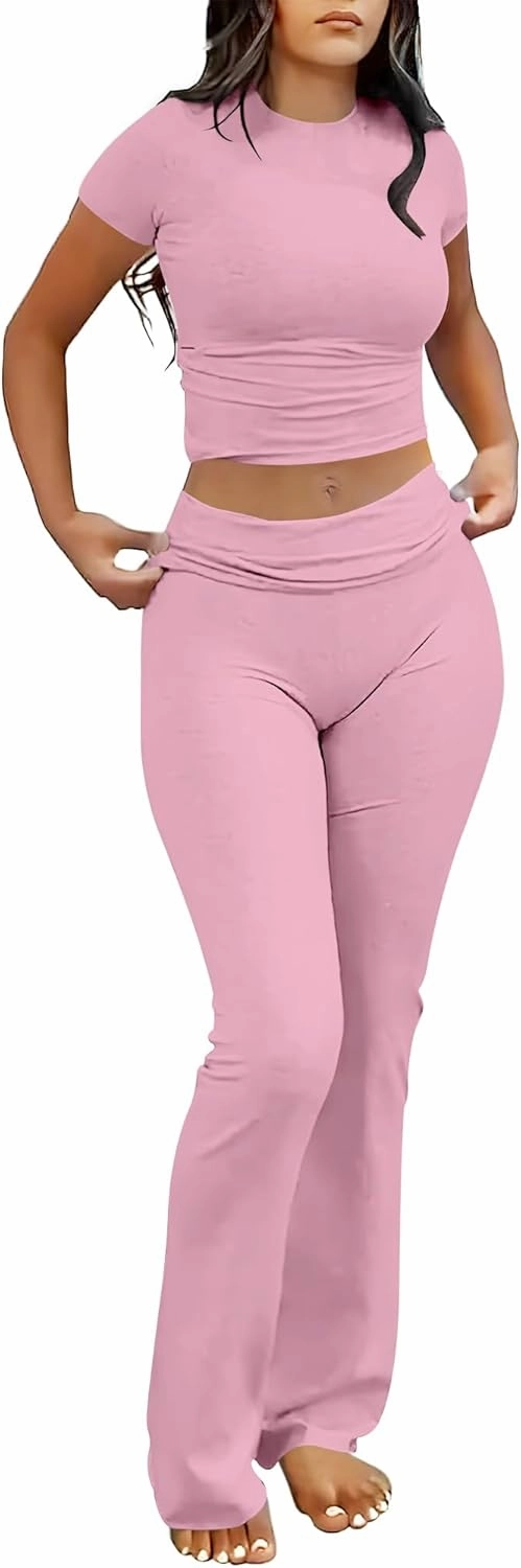 ANRABESS Lounge Sets for Women 2 Piece Foldover Yoga Flare Leggings Pants Crop Tops Casual Y2K Outfits Matching Tracksuit Set