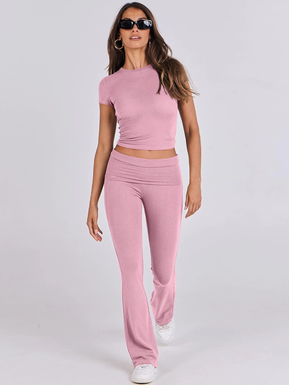 ANRABESS Lounge Sets for Women 2 Piece Foldover Yoga Flare Leggings Pants Crop Tops Casual Y2K Outfits Matching Tracksuit Set