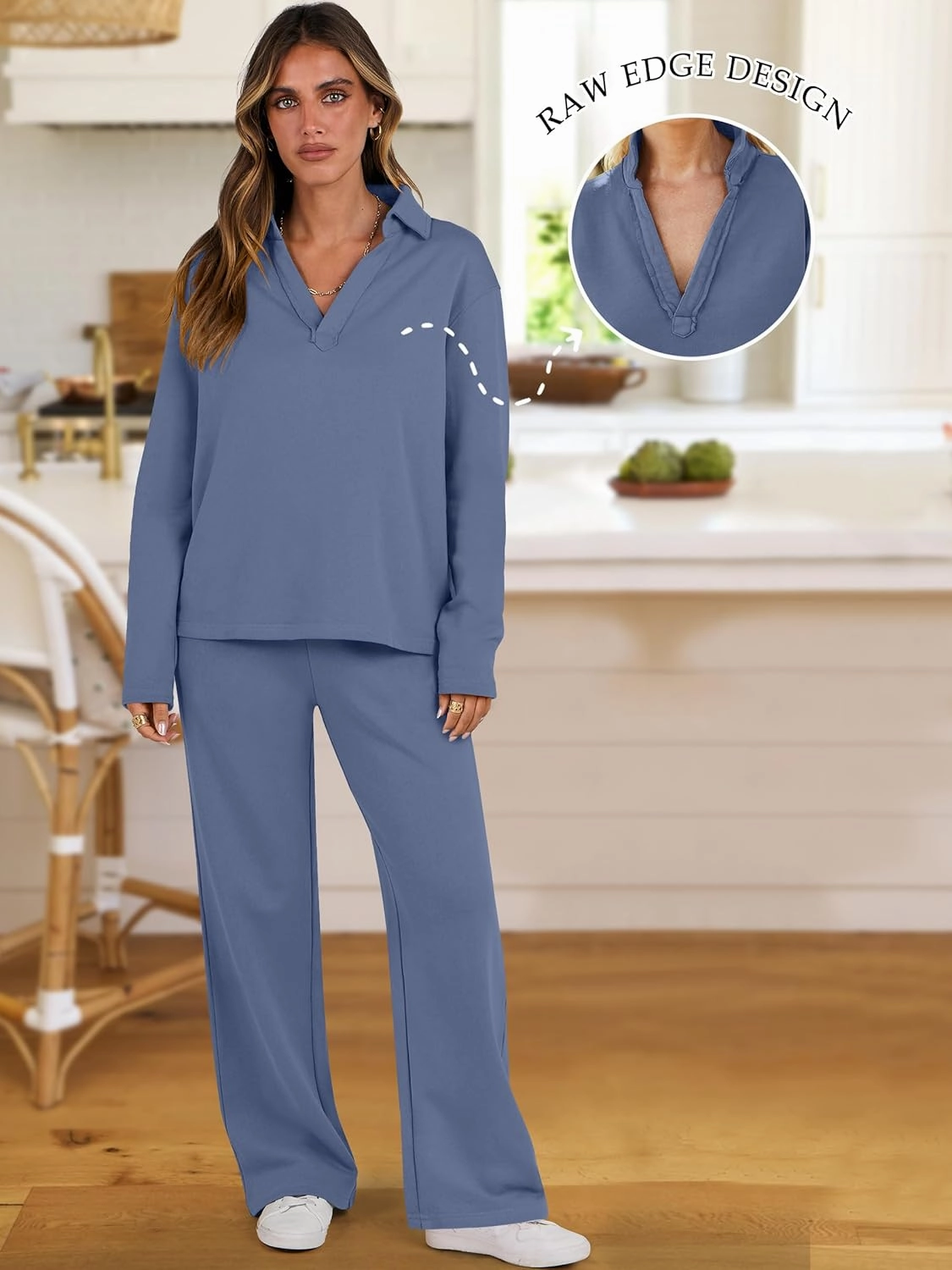ANRABESS Lounge Sets for Women 2 Piece Outfits Sweatsuit Set Fall V Neck Sweatshirts Wide Leg Pants Tracksuits