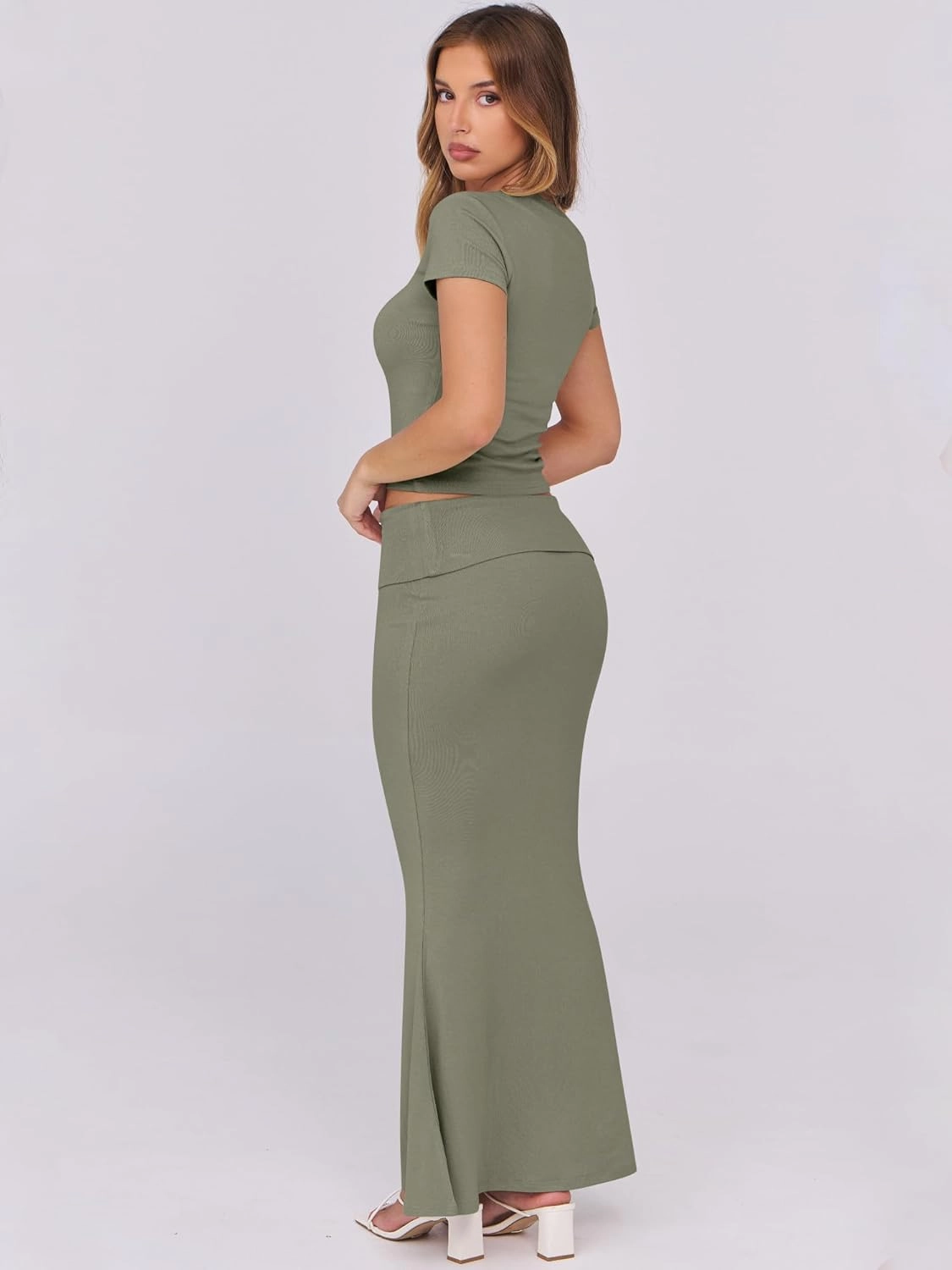 ANRABESS Skirt Sets for Women 2 Piece Outfits 2025 Summer Crop Top Fold Over Maxi Skirt Set Going Out Dress Casual Trendy