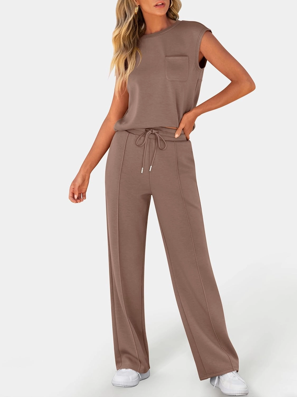ANRABESS Two Piece Sets for Women Summer Sleeveless Sweatsuits Wide Leg Casual Lounge Set Matching Vacation Travel Outfits