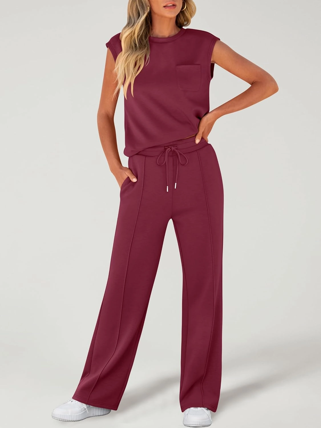 ANRABESS Two Piece Sets for Women Summer Sleeveless Sweatsuits Wide Leg Casual Lounge Set Matching Vacation Travel Outfits