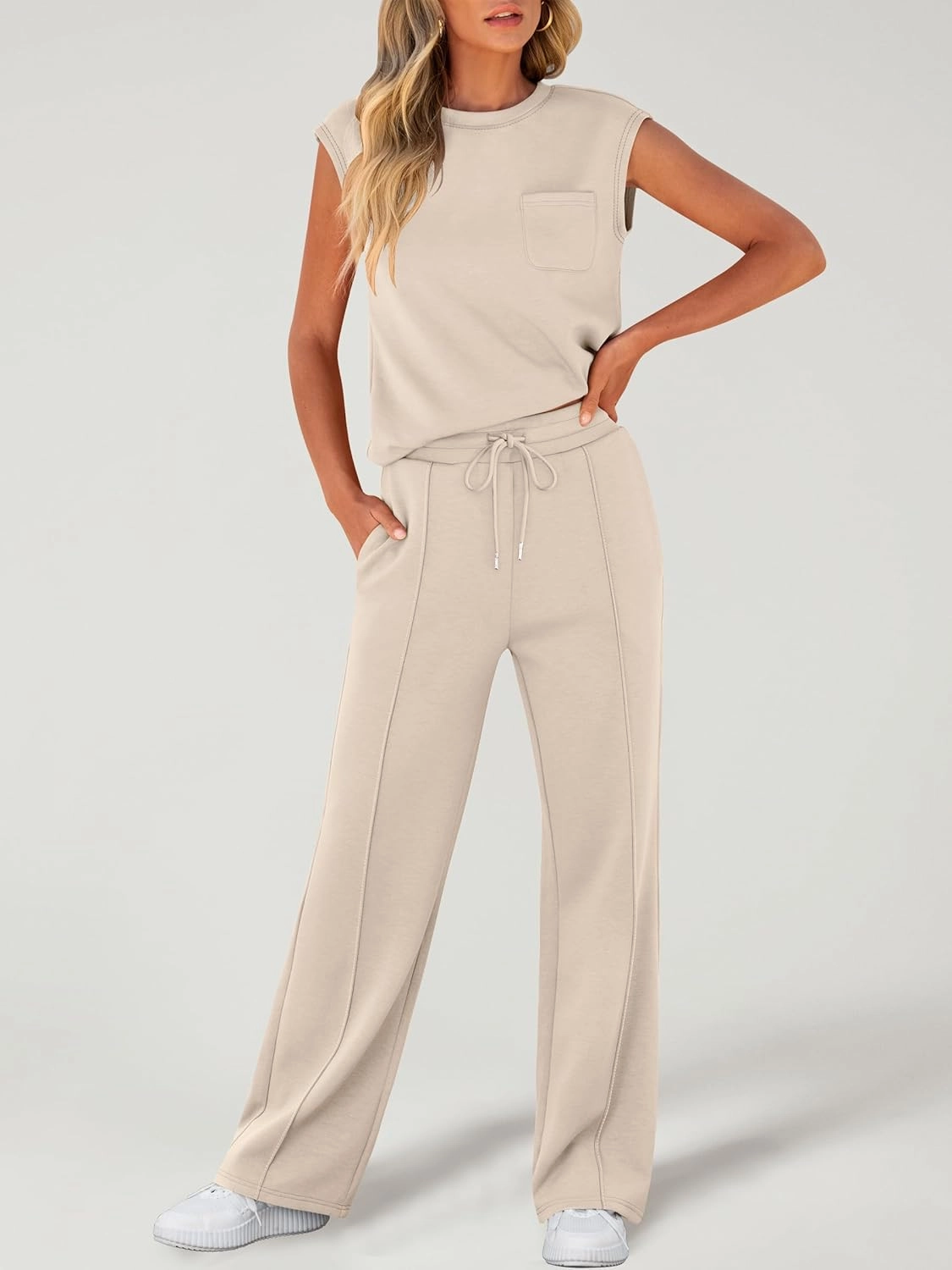 ANRABESS Two Piece Sets for Women Summer Sleeveless Sweatsuits Wide Leg Casual Lounge Set Matching Vacation Travel Outfits