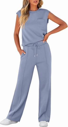 ANRABESS Two Piece Sets for Women Summer Sleeveless Sweatsuits Wide Leg Casual Lounge Set Matching Vacation Travel Outfits