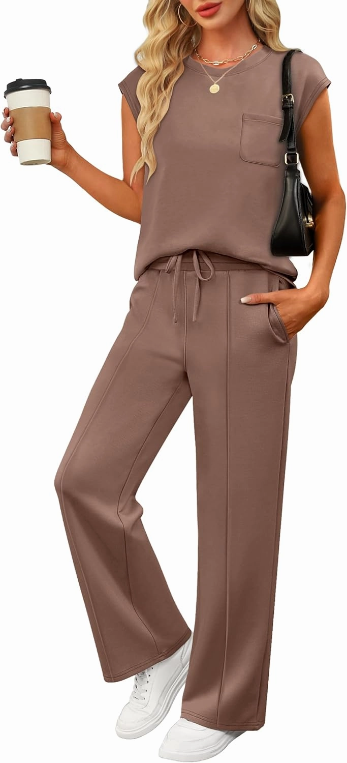 ANRABESS Two Piece Sets for Women Summer Sleeveless Sweatsuits Wide Leg Casual Lounge Set Matching Vacation Travel Outfits