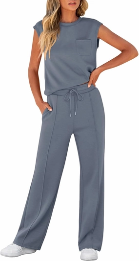ANRABESS Two Piece Sets for Women Summer Sleeveless Sweatsuits Wide Leg Casual Lounge Set Matching Vacation Travel Outfits