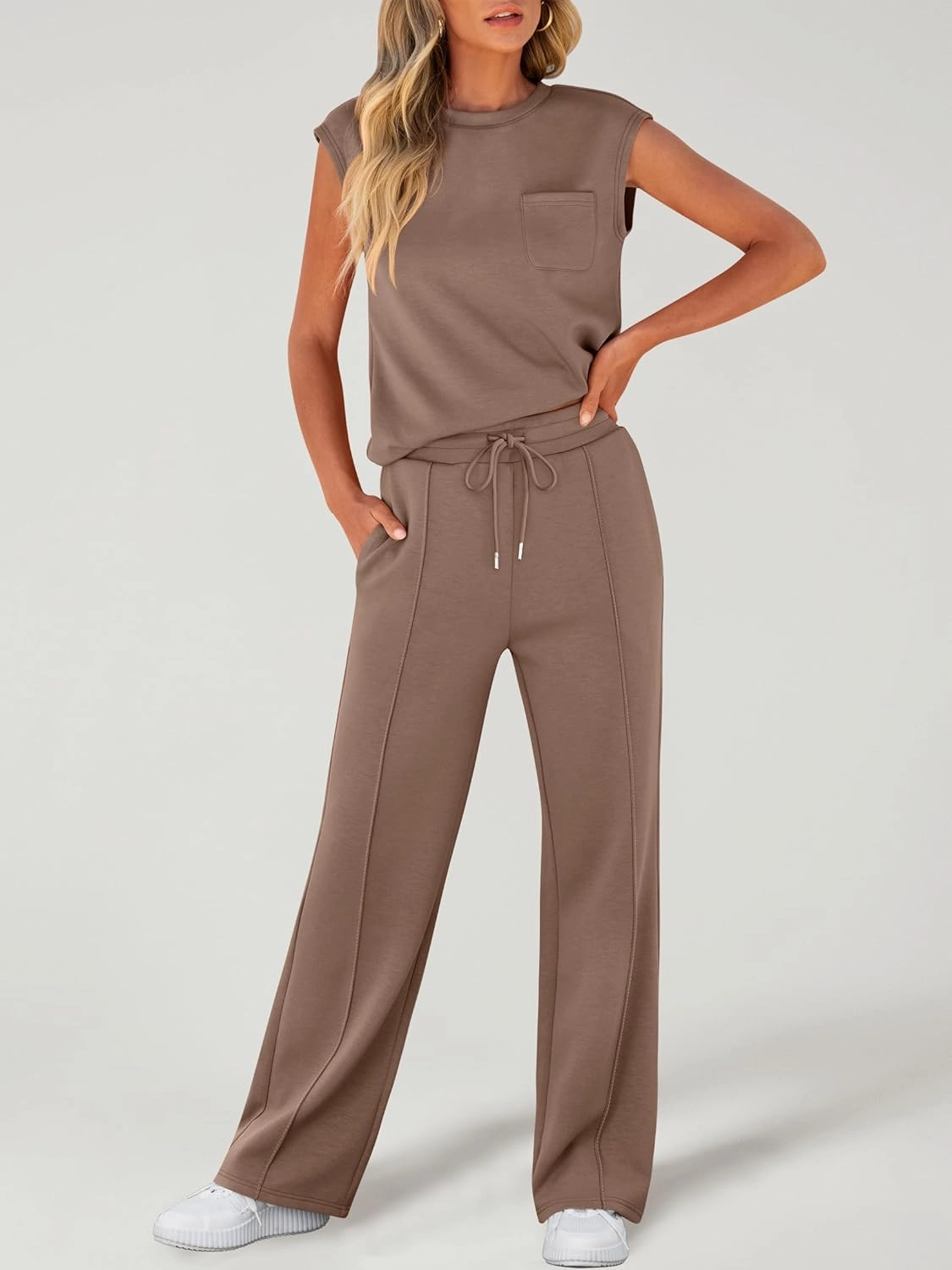 ANRABESS Two Piece Sets for Women Summer Sleeveless Sweatsuits Wide Leg Casual Lounge Set Matching Vacation Travel Outfits