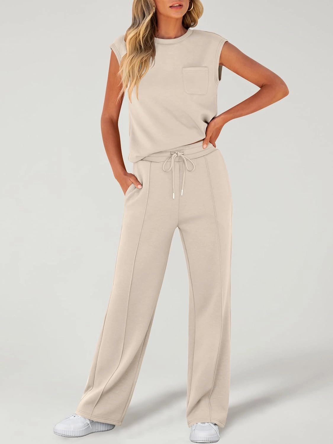 ANRABESS Two Piece Sets for Women Summer Sleeveless Sweatsuits Wide Leg Casual Lounge Set Matching Vacation Travel Outfits