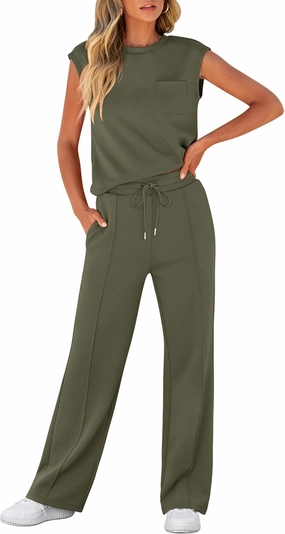 ANRABESS Two Piece Sets for Women Summer Sleeveless Sweatsuits Wide Leg Casual Lounge Set Matching Vacation Travel Outfits