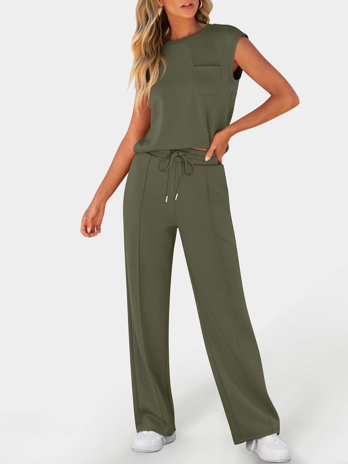 ANRABESS Two Piece Sets for Women Summer Sleeveless Sweatsuits Wide Leg Casual Lounge Set Matching Vacation Travel Outfits