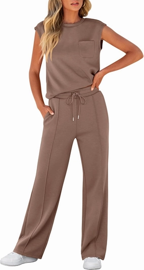 ANRABESS Two Piece Sets for Women Summer Sleeveless Sweatsuits Wide Leg Casual Lounge Set Matching Vacation Travel Outfits