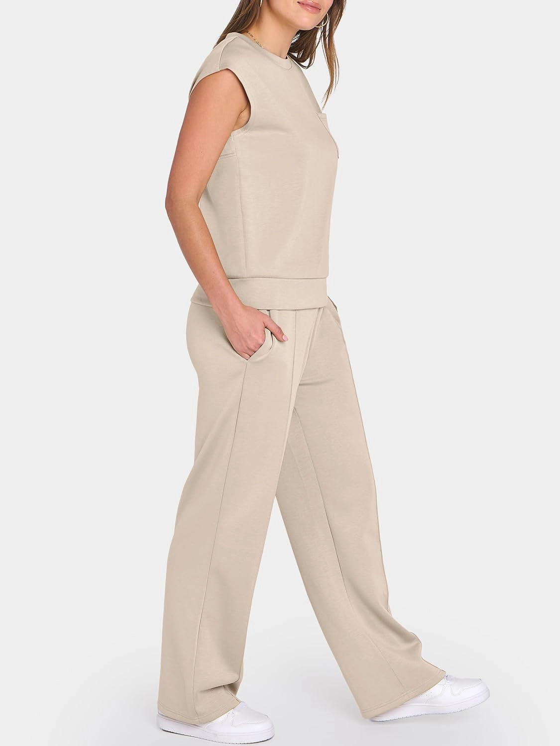 ANRABESS Two Piece Sets for Women Summer Sleeveless Sweatsuits Wide Leg Casual Lounge Set Matching Vacation Travel Outfits