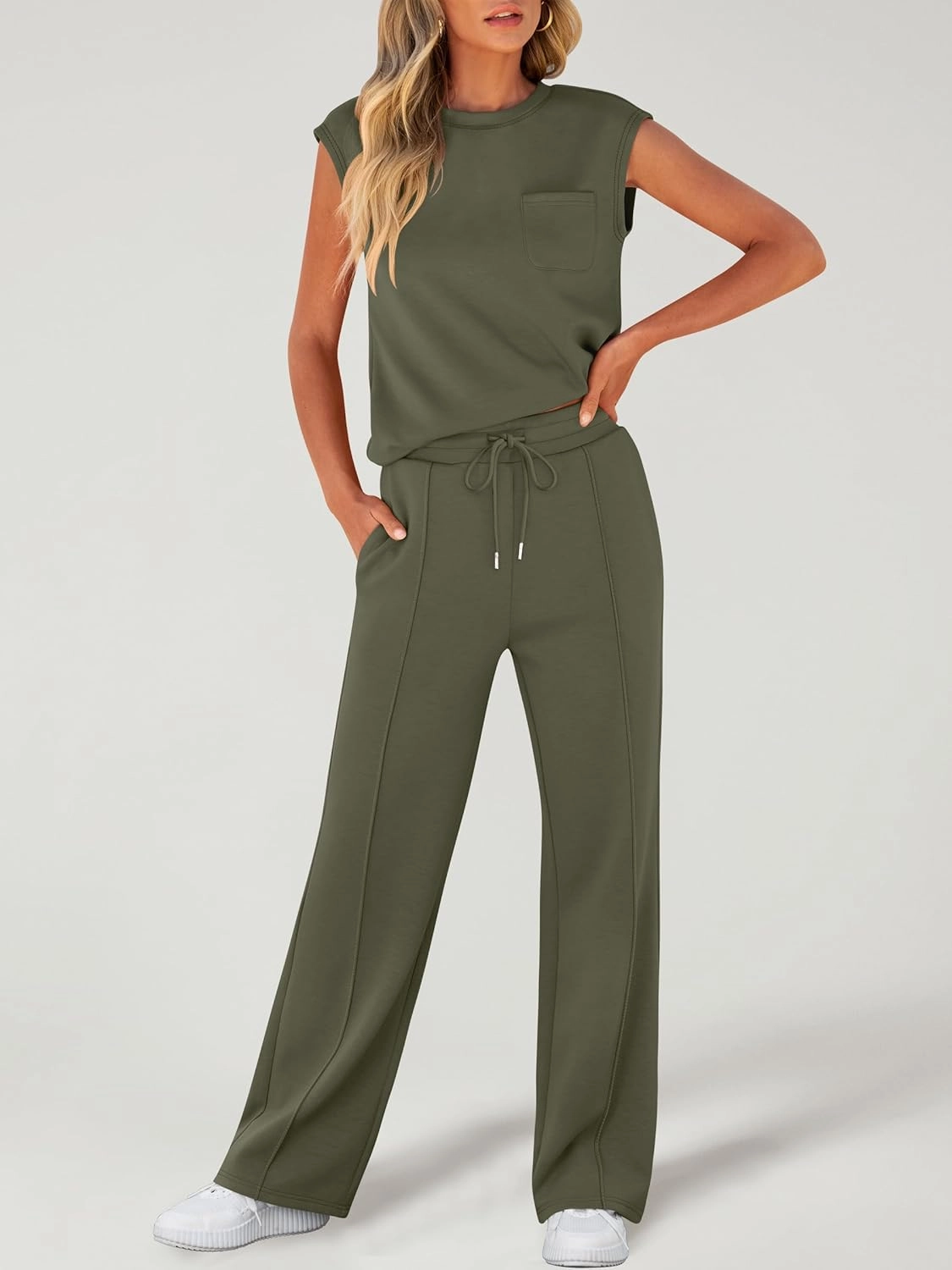 ANRABESS Two Piece Sets for Women Summer Sleeveless Sweatsuits Wide Leg Casual Lounge Set Matching Vacation Travel Outfits