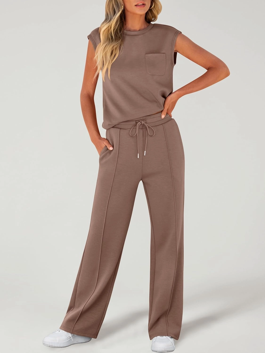 ANRABESS Two Piece Sets for Women Summer Sleeveless Sweatsuits Wide Leg Casual Lounge Set Matching Vacation Travel Outfits