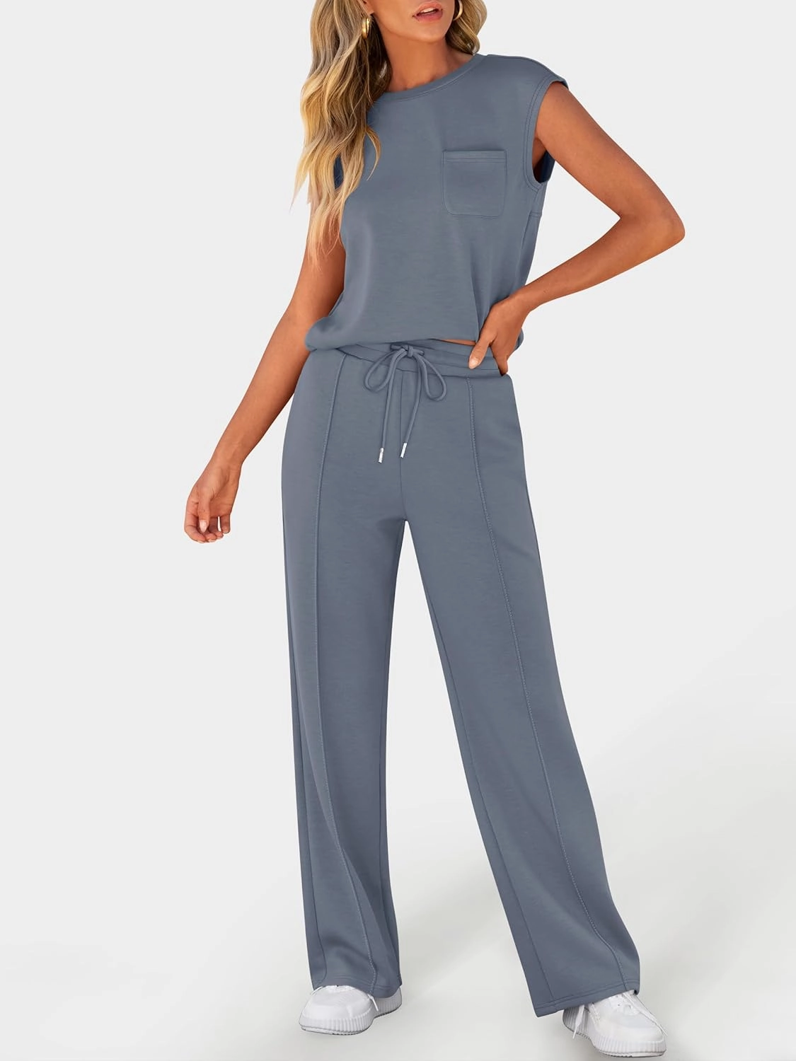 ANRABESS Two Piece Sets for Women Summer Sleeveless Sweatsuits Wide Leg Casual Lounge Set Matching Vacation Travel Outfits