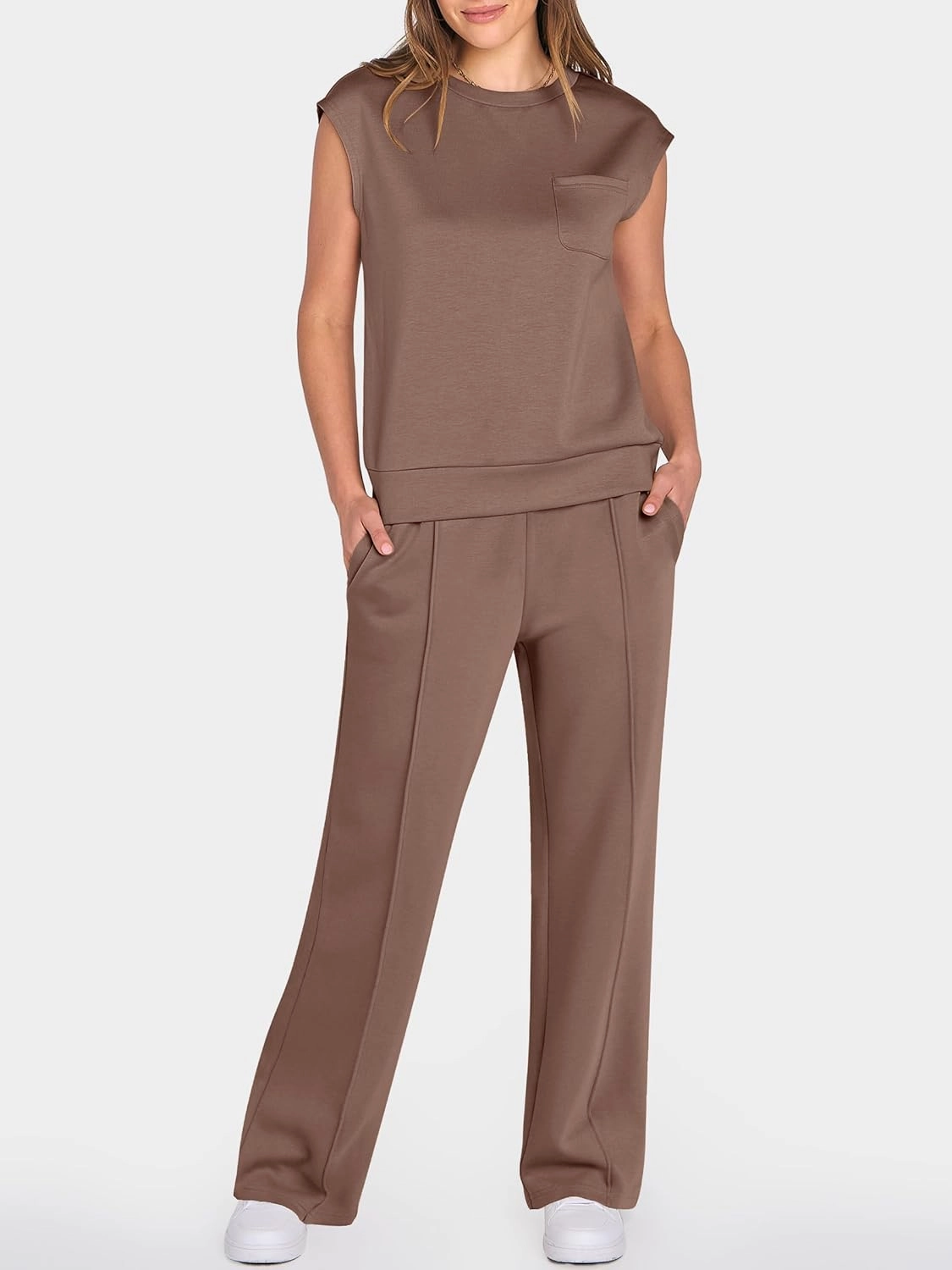 ANRABESS Two Piece Sets for Women Summer Sleeveless Sweatsuits Wide Leg Casual Lounge Set Matching Vacation Travel Outfits