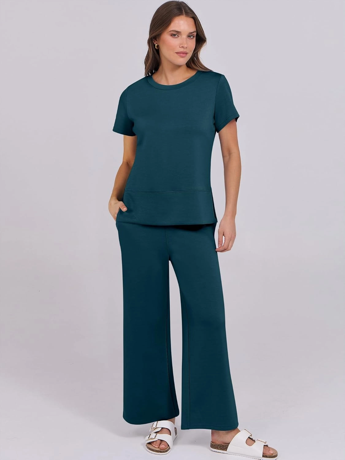ANRABESS Women 2 Piece Lounge Sets Summer Travel Sweat Outfits Short Sleeve Wide Leg Casual Matching Tracksuits Clothes