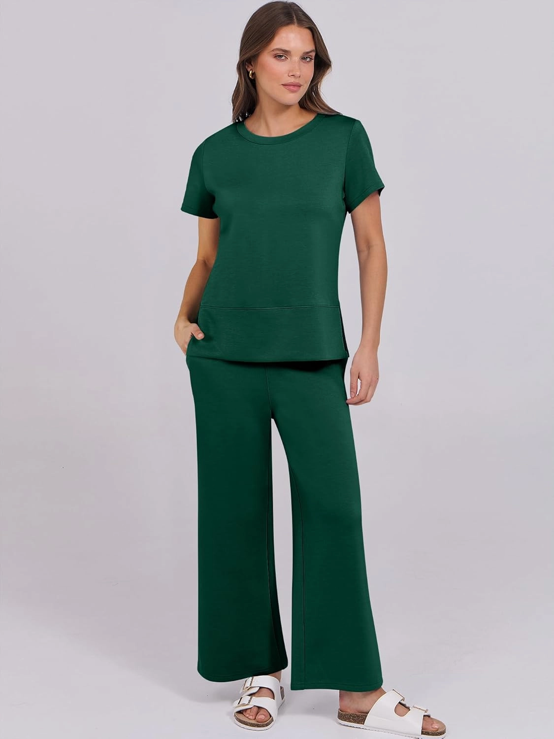 ANRABESS Women 2 Piece Lounge Sets Summer Travel Sweat Outfits Short Sleeve Wide Leg Casual Matching Tracksuits Clothes