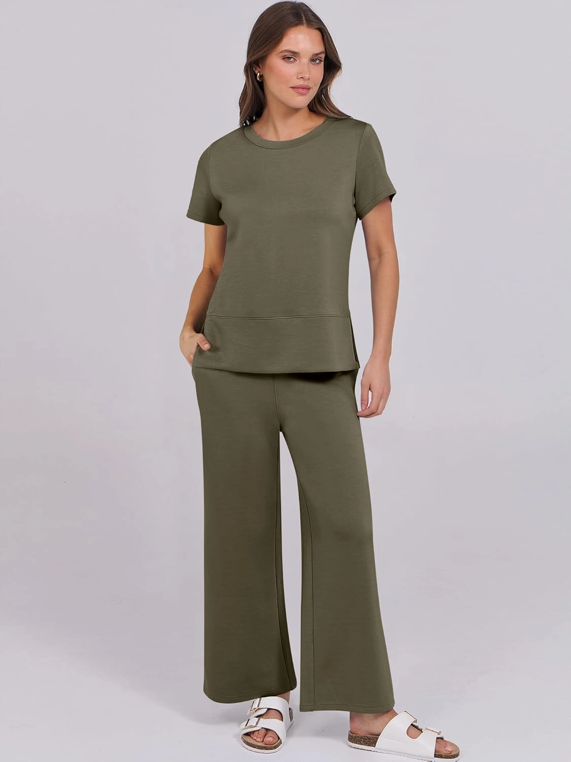 ANRABESS Women 2 Piece Lounge Sets Summer Travel Sweat Outfits Short Sleeve Wide Leg Casual Matching Tracksuits Clothes