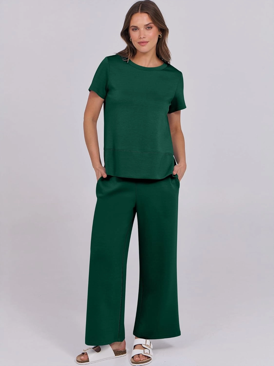 ANRABESS Women 2 Piece Lounge Sets Summer Travel Sweat Outfits Short Sleeve Wide Leg Casual Matching Tracksuits Clothes