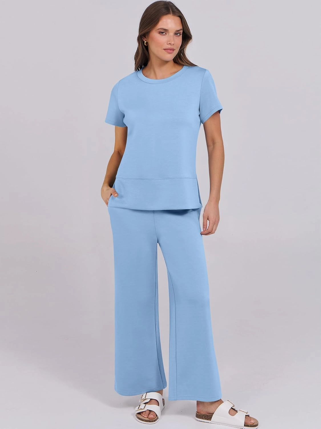ANRABESS Women 2 Piece Lounge Sets Summer Travel Sweat Outfits Short Sleeve Wide Leg Casual Matching Tracksuits Clothes