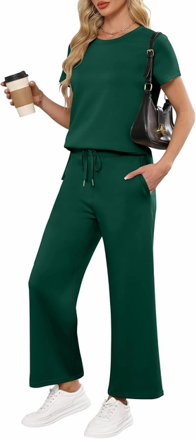 ANRABESS Women 2 Piece Lounge Sets Summer Travel Sweat Outfits Short Sleeve Wide Leg Casual Matching Tracksuits Clothes