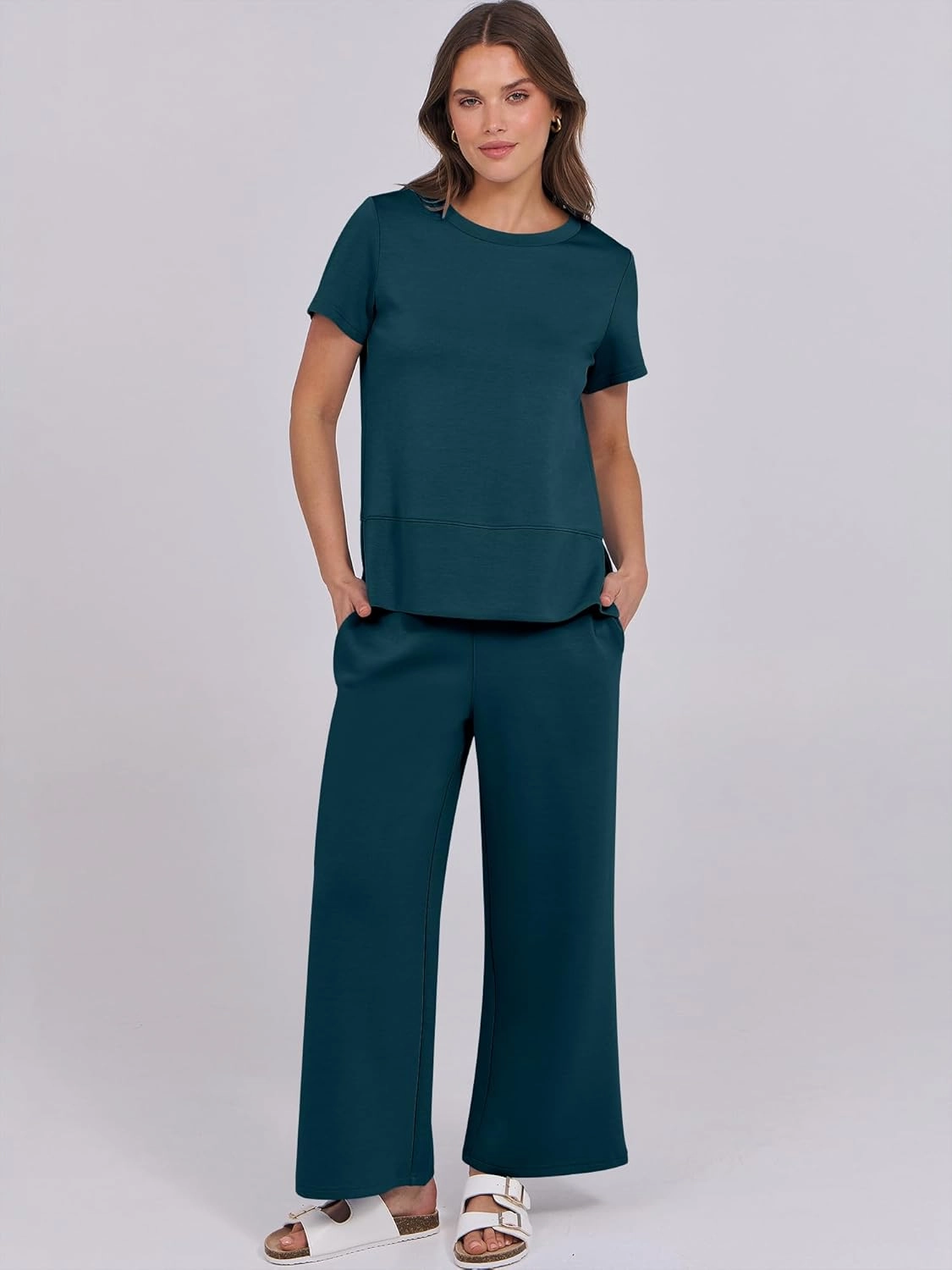 ANRABESS Women 2 Piece Lounge Sets Summer Travel Sweat Outfits Short Sleeve Wide Leg Casual Matching Tracksuits Clothes