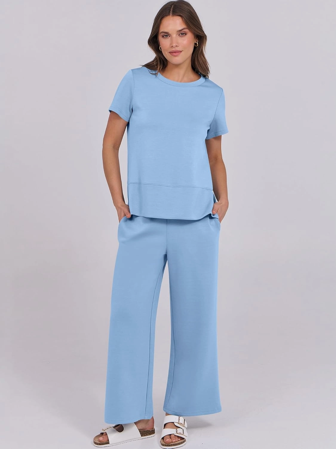 ANRABESS Women 2 Piece Lounge Sets Summer Travel Sweat Outfits Short Sleeve Wide Leg Casual Matching Tracksuits Clothes