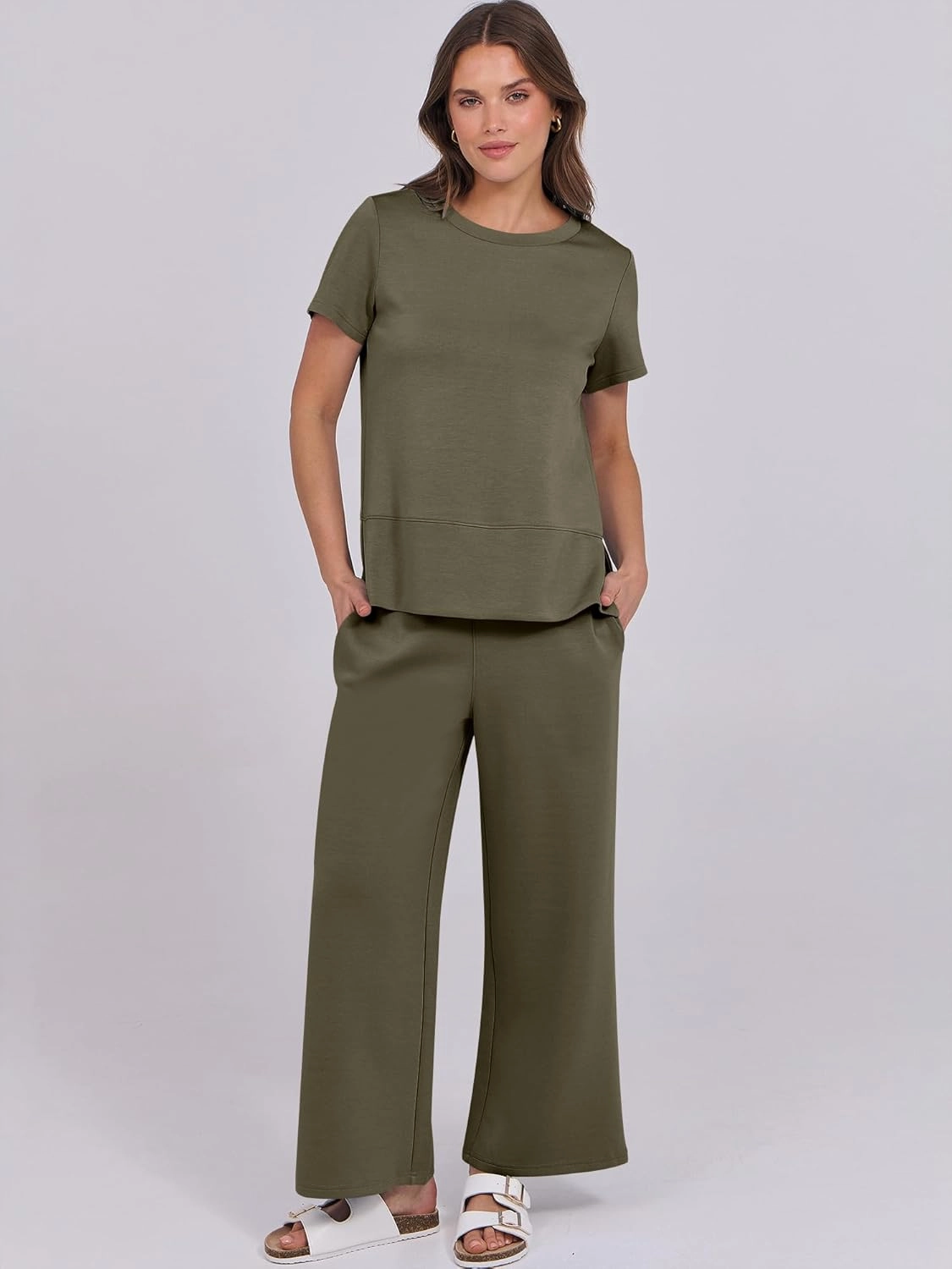 ANRABESS Women 2 Piece Lounge Sets Summer Travel Sweat Outfits Short Sleeve Wide Leg Casual Matching Tracksuits Clothes