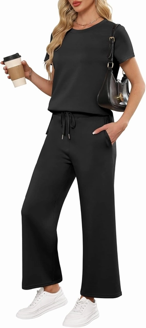 ANRABESS Women 2 Piece Lounge Sets Summer Travel Sweat Outfits Short Sleeve Wide Leg Casual Matching Tracksuits Clothes