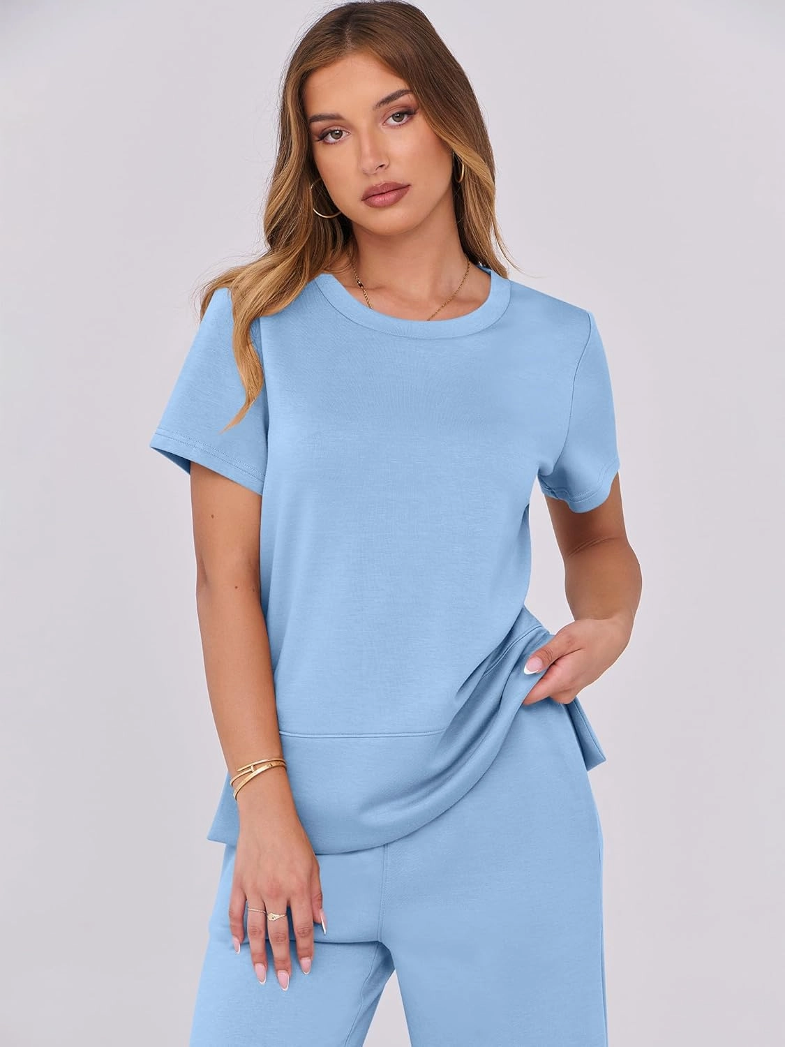 ANRABESS Women 2 Piece Lounge Sets Summer Travel Sweat Outfits Short Sleeve Wide Leg Casual Matching Tracksuits Clothes