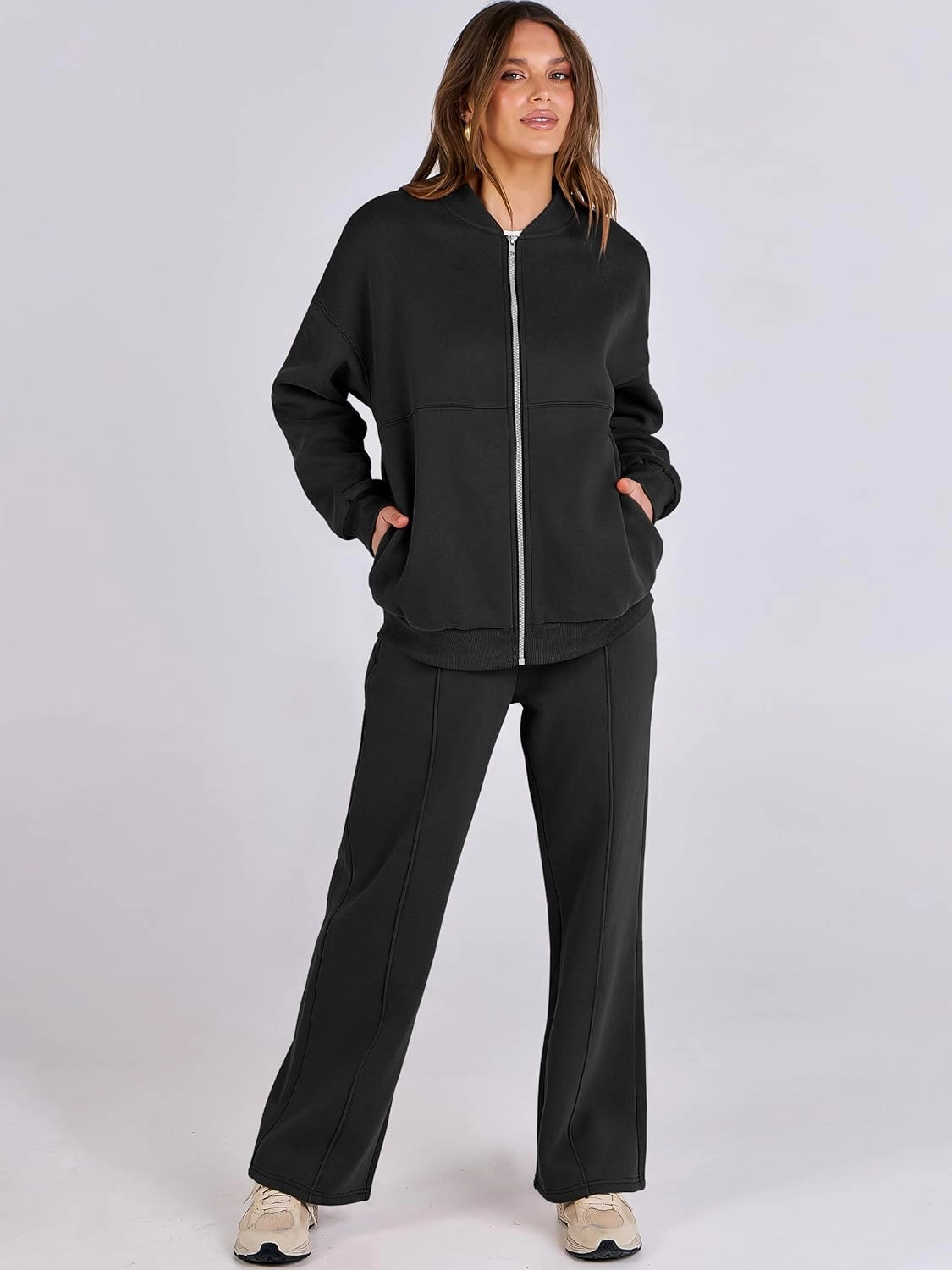 ANRABESS Women 2 Piece Outfits Lounge Set Oversized Zip Up Sweatshirt Jacket Sweatpant Matching Sweat Sets Winter Sweatsuits