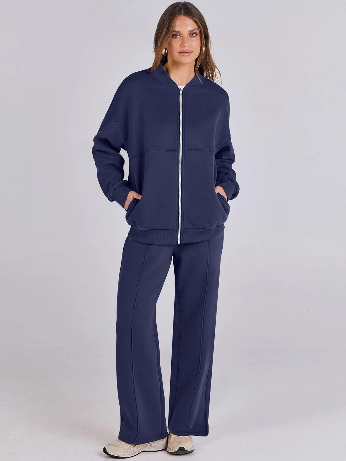 ANRABESS Women 2 Piece Outfits Lounge Set Oversized Zip Up Sweatshirt Jacket Sweatpant Matching Sweat Sets Winter Sweatsuits