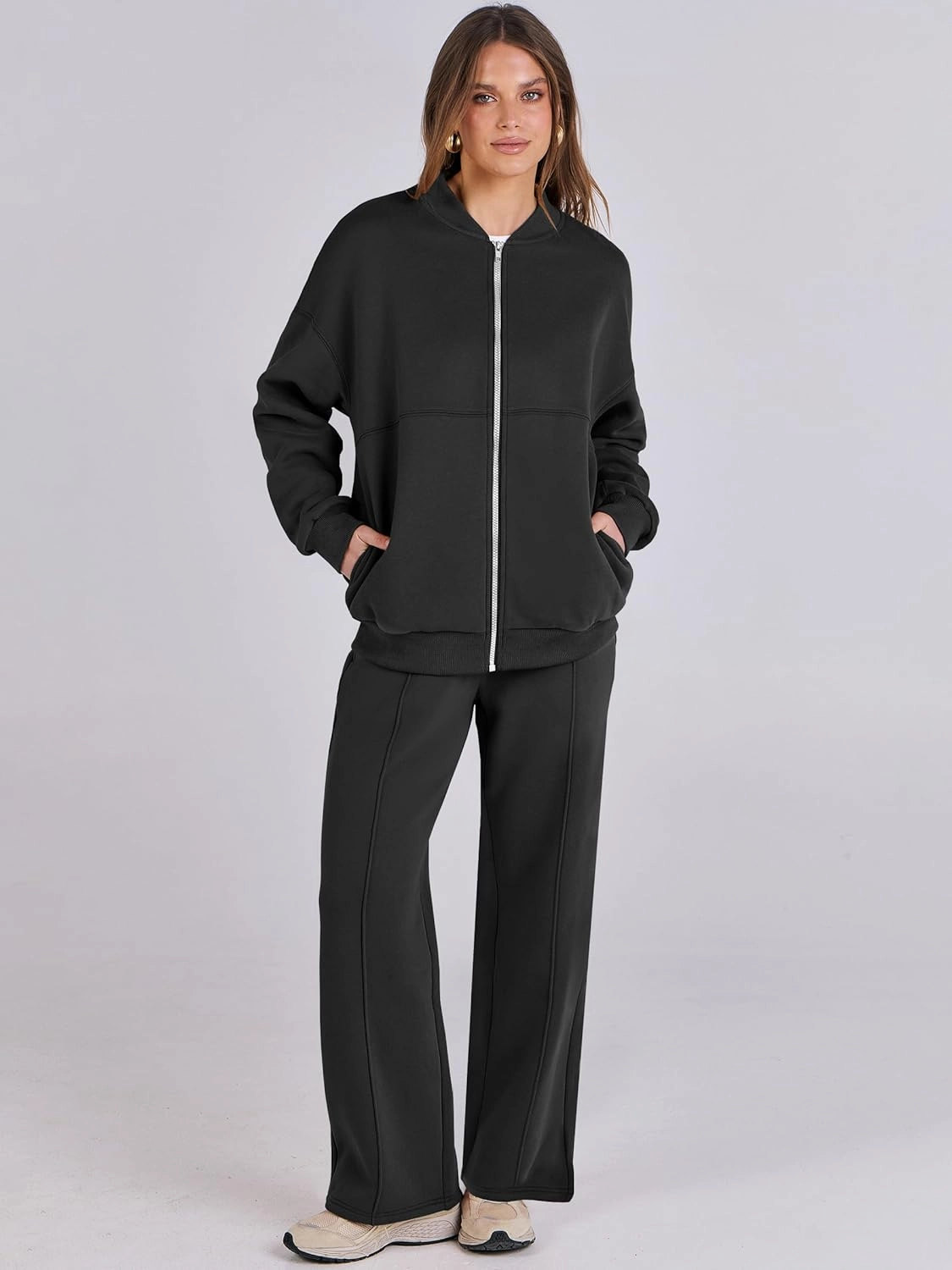 ANRABESS Women 2 Piece Outfits Lounge Set Oversized Zip Up Sweatshirt Jacket Sweatpant Matching Sweat Sets Winter Sweatsuits