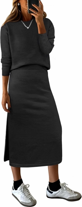 ANRABESS Women 2 Piece Outfits Striped Sweater Skirt Sets 2025 Fall Casual Long Sleeve Pullover Top Lounge Travel Midi Dress