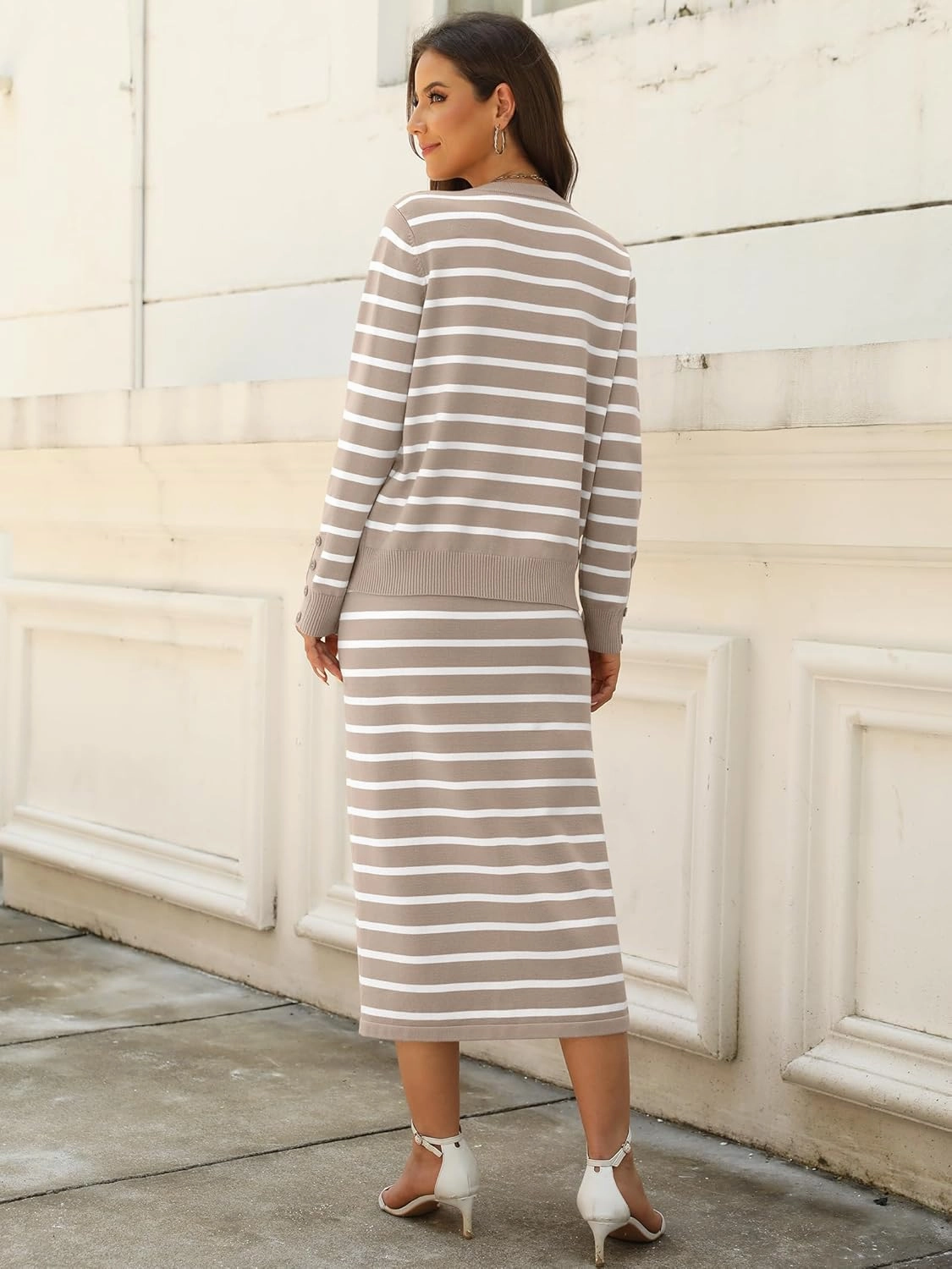 ANRABESS Women 2 Piece Outfits Striped Sweater Skirt Sets 2025 Fall Casual Long Sleeve Pullover Top Lounge Travel Midi Dress