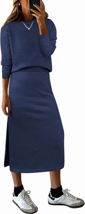 ANRABESS Women 2 Piece Outfits Striped Sweater Skirt Sets 2025 Fall Casual Long Sleeve Pullover Top Lounge Travel Midi Dress