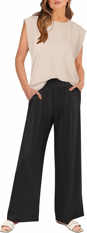 ANRABESS Women 2 Piece Outfits Tank Top & Palazzo Pants 2025 Summer Lounge Matching Sets Travel Vacation Beach Clothing