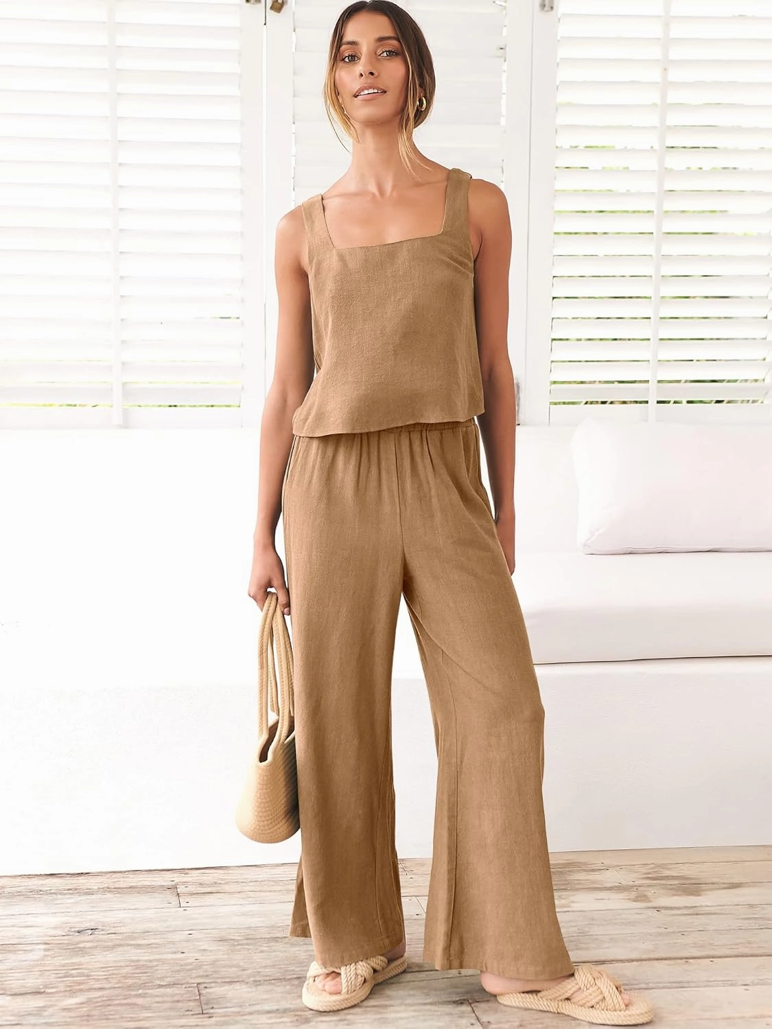 ANRABESS Women's 2 Piece Outfits Linen Pants Jumpsuit Matching Lounge Set Casual Summer Beach Vacation Trendy Clothes