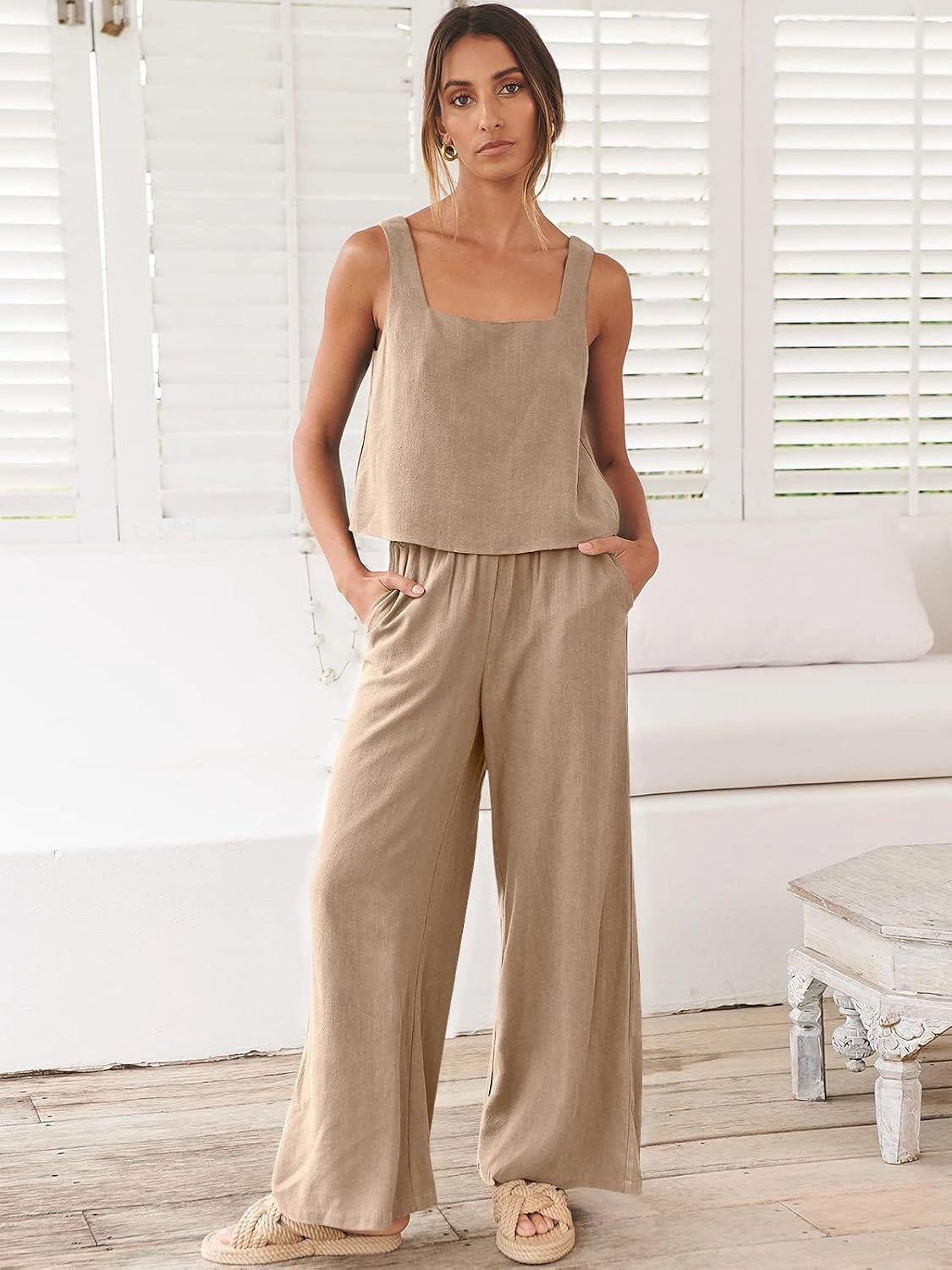 ANRABESS Women's 2 Piece Outfits Linen Pants Jumpsuit Matching Lounge Set Casual Summer Beach Vacation Trendy Clothes