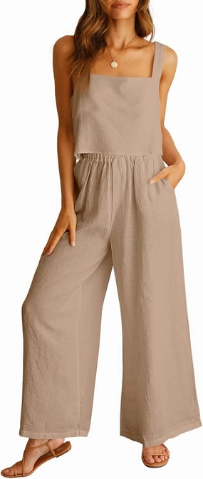 ANRABESS Women's 2 Piece Outfits Linen Pants Jumpsuit Matching Lounge Set Casual Summer Beach Vacation Trendy Clothes