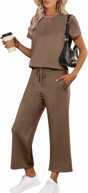 ANRABESS Women's 2 Piece Outfits Lounge Sets 2025 Summer Sweatsuits Short Sleeve Wide Leg Pants Sweat Set Tracksuits Clothes
