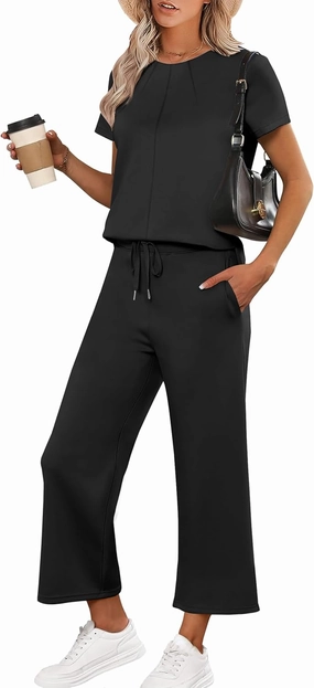 ANRABESS Women's 2 Piece Outfits Lounge Sets 2025 Summer Sweatsuits Short Sleeve Wide Leg Pants Sweat Set Tracksuits Clothes